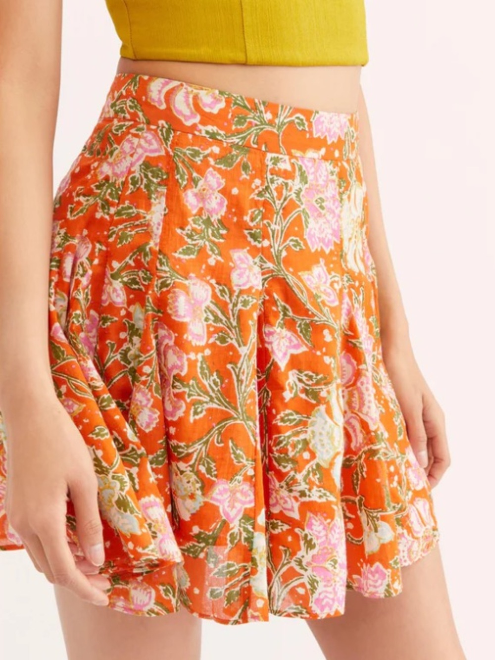 Free People End Of The Island Godet Mini Skirt Size 0 Orange Floral A-Line